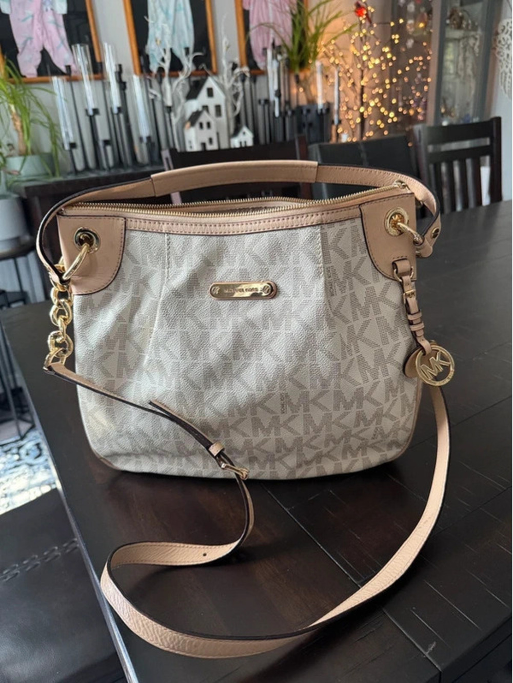 Michael Kors shoulder bag in taupe MK logo canvas.